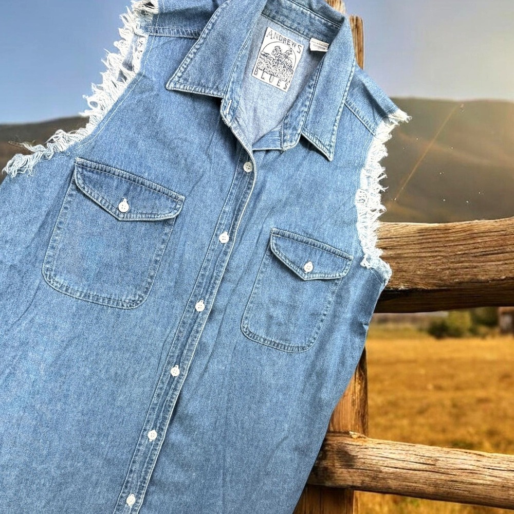 Vintage Andrews Blues‎ Vest Women L Denim Raw Hem Trucker Cowboy Button Up